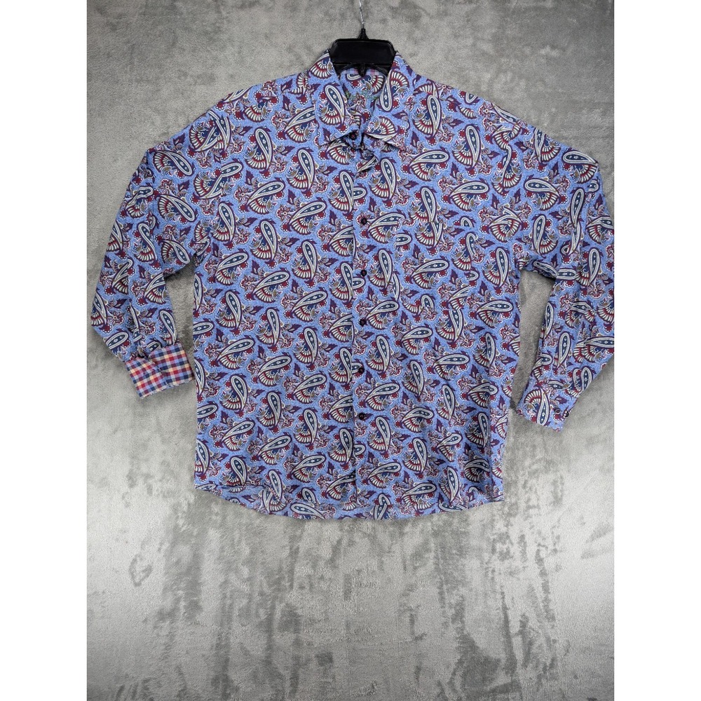 Alan Flusser Big Paisley Button Down Mens L Cotton Long Sleeve Shirt Plaid Cuffs